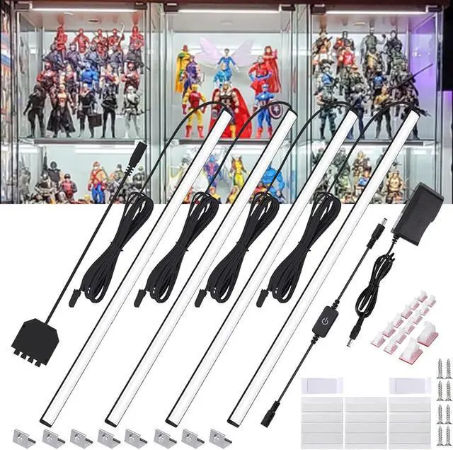 Main image of 4-Pack 12 Inch LED Display Case Lighting Kit Black Dimmable Bookshelf Light Bars with 12V Power Adapter 6000K Bright White Plug-in Slim Lights for Shelves Curio Cabinets and Bookcases