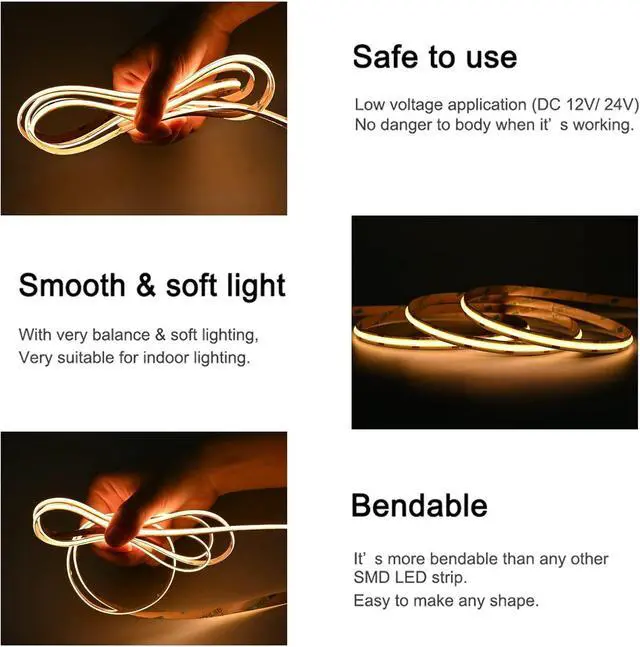 Alt view image 3 of 7 - COB LED Strip Lights DC 12V LED Lights Flexible Super Bright LED Strips 16.4ft 3000K Warm White CRI 90+ 2400LEDs High Density Uniform Light for Home Room Decor (No Adapter or Controller)