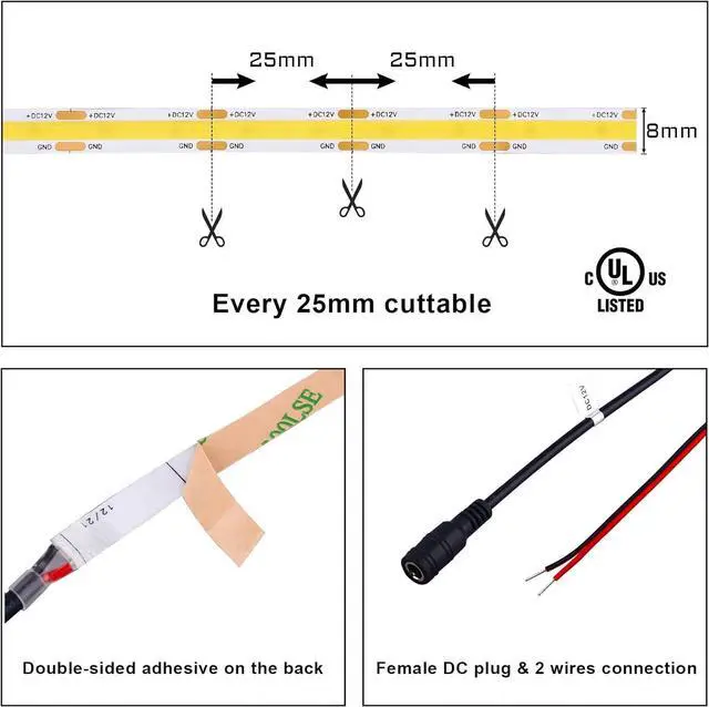 Alt view image 5 of 7 - COB LED Strip Lights DC 12V LED Lights Flexible Super Bright LED Strips 16.4ft 3000K Warm White CRI 90+ 2400LEDs High Density Uniform Light for Home Room Decor (No Adapter or Controller)