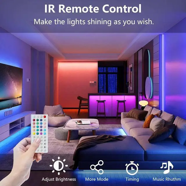 Alt view image 4 of 7 - 100ft Led Lights for Bedroom Music Sync Led Strip Lights with 44 Keys Remote and App Control Color Changing RGB Led Lights for Room Home Kitchen Party Christmas Decoration (2 roll of 50ft)