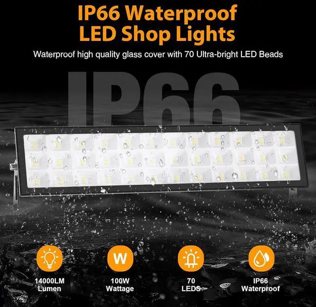 Alt view image 2 of 7 - Shop Lights for Workshop 2pack 100w Led Shop Light 14000lm Super Bright Plug In Garage Lighting IP66 Waterproof Work Lights 4.92ft Power Cord And On/Off Switch 6500k Outdoor Flood Light For Warehouse