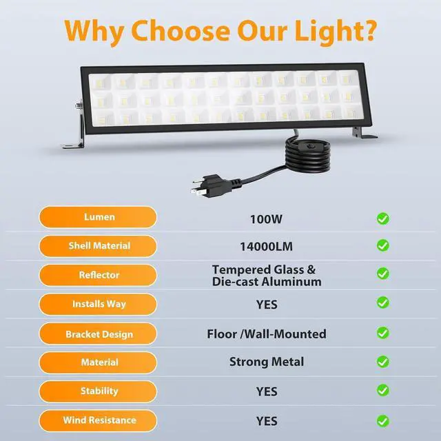 Alt view image 4 of 7 - Shop Lights for Workshop 2pack 100w Led Shop Light 14000lm Super Bright Plug In Garage Lighting IP66 Waterproof Work Lights 4.92ft Power Cord And On/Off Switch 6500k Outdoor Flood Light For Warehouse