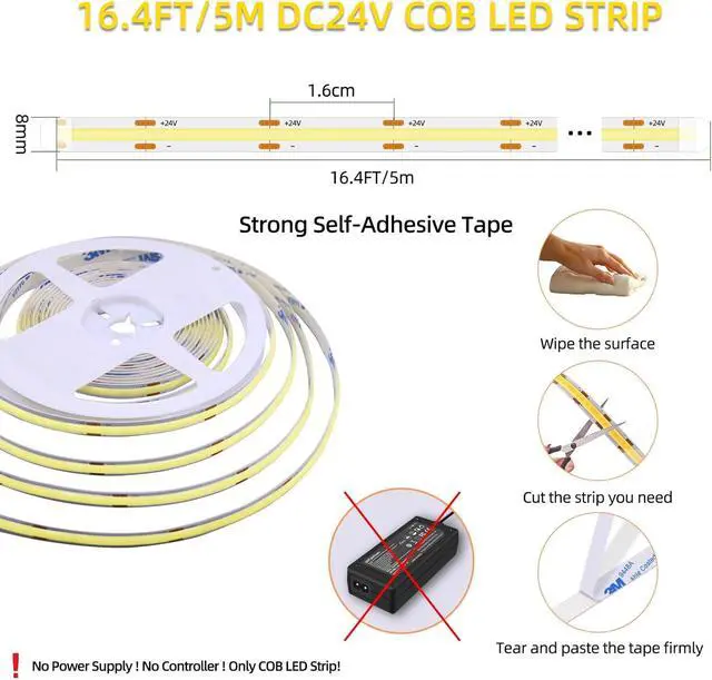 Alt view image 3 of 7 - LED Strip Lights 24V COB LED Daylight White 6000K Super Bright LED16.4ft Dotless High Density Cuttable Flexible for Home DIY White Commercial Lighting Projects (Power Supply & Dimmer Not Included)