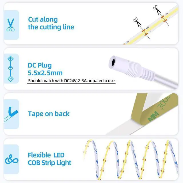 Alt view image 5 of 7 - LED Strip Lights 24V COB LED Daylight White 6000K Super Bright LED16.4ft Dotless High Density Cuttable Flexible for Home DIY White Commercial Lighting Projects (Power Supply & Dimmer Not Included)