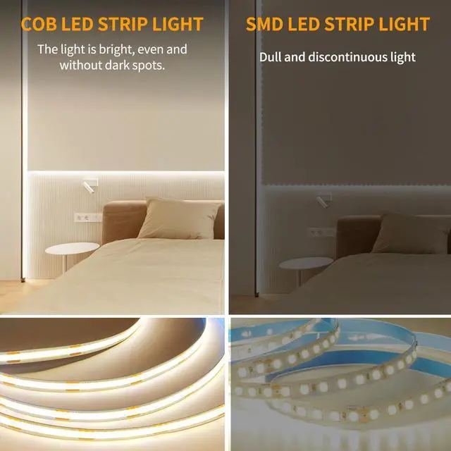 Alt view image 4 of 7 - COB LED Strip Lights 100ft 3000K DC 24V Dimmable Warm White Flexible LED Lights Strip for Bedroom with Remote and app Control LED Rope Lights for Living Room Shelf Cabine Bed