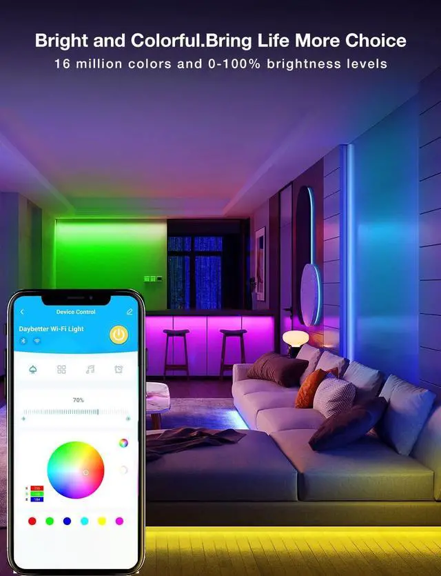 Alt view image 2 of 6 - Smart WiFi Led Strip Lights App Controlled Compatible with Alexa and Google Assistant Timer Schedule RGB Strip Color Changing Décor for Bedroom Party Kitchen 50ft