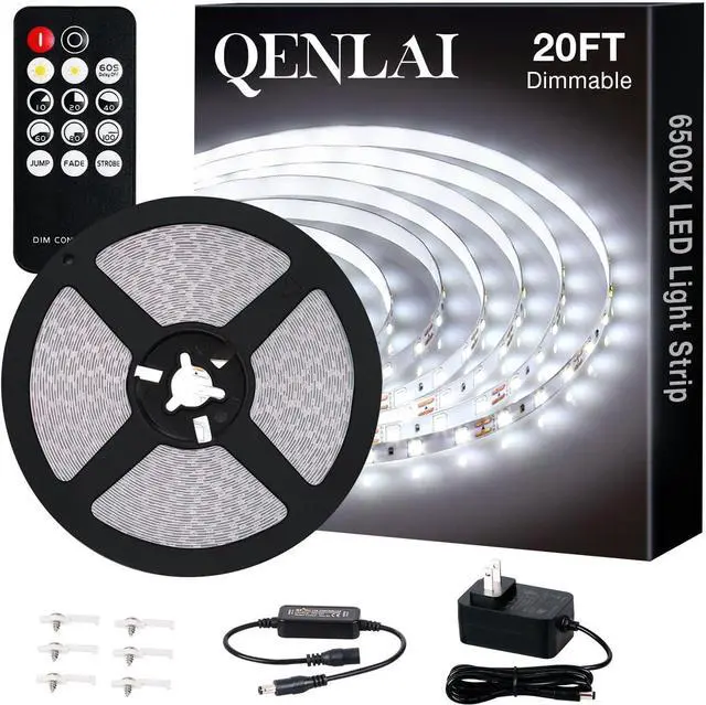 Main image of 20ft White LED Strip Lights Upgraded 6500K Dimmable Tape Lights with Remote and Plug 12V 360 LEDs Flexible Sticky Cuttable Led Light Strips for Bedroom Ceiling Kitchen Under Cabinet Lighting