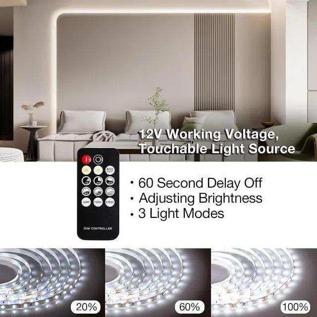 Alt view image 2 of 7 - 20ft White LED Strip Lights Upgraded 6500K Dimmable Tape Lights with Remote and Plug 12V 360 LEDs Flexible Sticky Cuttable Led Light Strips for Bedroom Ceiling Kitchen Under Cabinet Lighting