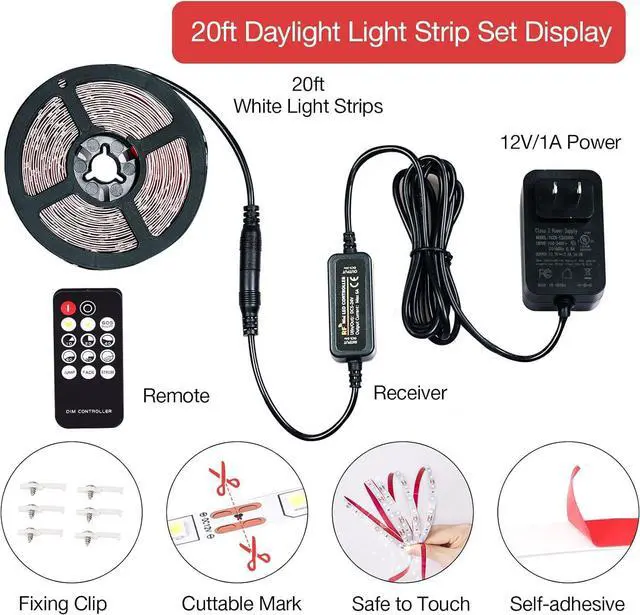 Alt view image 5 of 7 - 20ft White LED Strip Lights Upgraded 6500K Dimmable Tape Lights with Remote and Plug 12V 360 LEDs Flexible Sticky Cuttable Led Light Strips for Bedroom Ceiling Kitchen Under Cabinet Lighting
