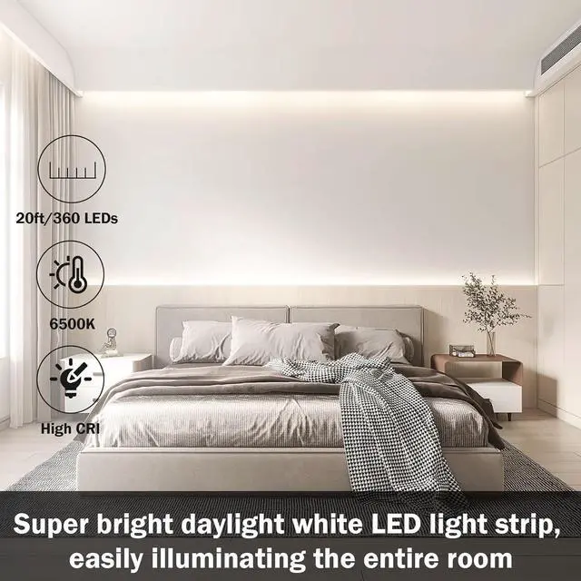 Alt view image 6 of 7 - 20ft White LED Strip Lights Upgraded 6500K Dimmable Tape Lights with Remote and Plug 12V 360 LEDs Flexible Sticky Cuttable Led Light Strips for Bedroom Ceiling Kitchen Under Cabinet Lighting