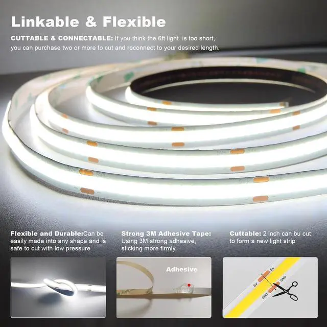 Alt view image 6 of 7 - 5v COB Led Strip Lights USB Powered 6000k Cool White CRI93+ 6ft Led Tape Light with Dimmer 10W/2meter Flexible & Dimmable COB Strips for Sewing Machine Bedroom Cabinet DIY Lighting Decor