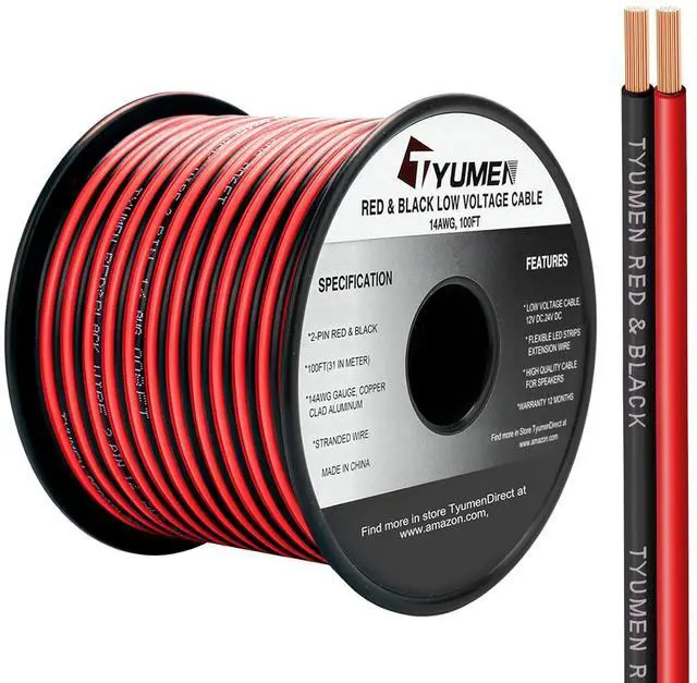 Main image of TYUMEN 100FT 14/2 Gauge Red Black Cable Hookup Electrical Wire LED Strips Extension Wire 12V/24V DC, 14AWG Flexible Extension Cord for LED Ribbon Lamp Tape Lighting