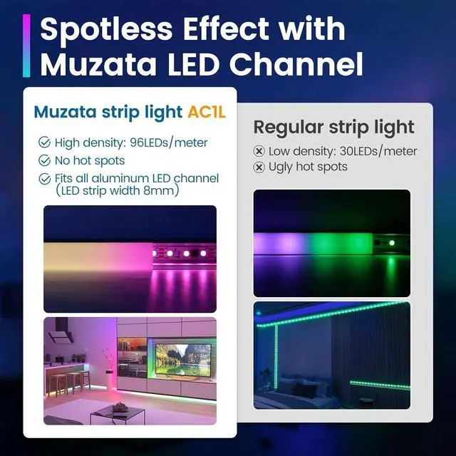 Alt view image 3 of 7 - 16.4FT/5M 96LEDs/M High Density RGB LED Strip Light Spotless U108 U103 LC31 LED Strip Channel Neon Lighting Effect AC1L (Power Adapter Not Included)