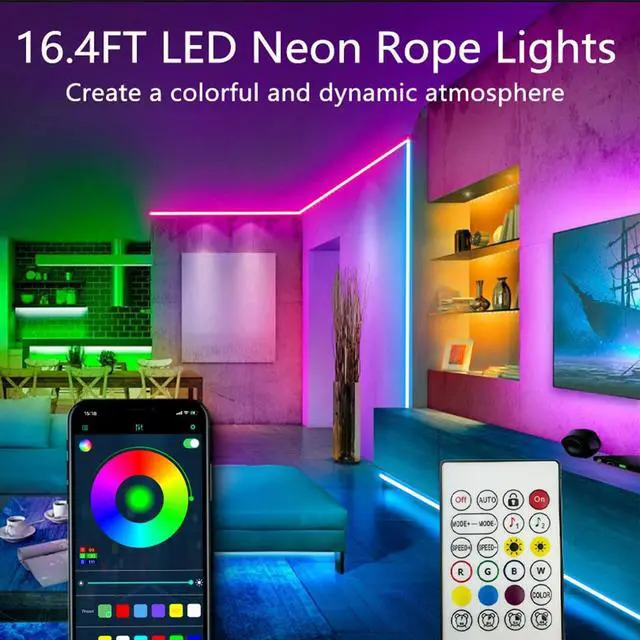 Alt view image 2 of 6 - 16.4FT Neon Rope Lights Flexible Led Rope Light Control with App/Remote Multiple Modes Music Sync IP65 Outdoor RGB Led Strip Lights Waterproof