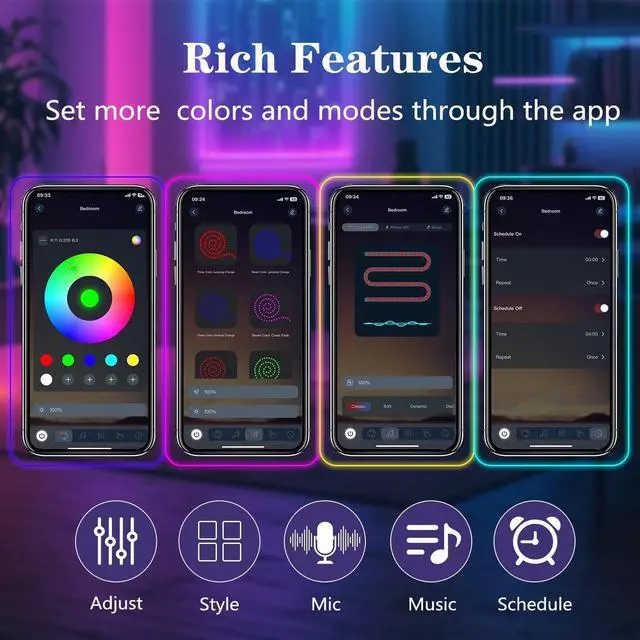 Alt view image 5 of 6 - 16.4FT Neon Rope Lights Flexible Led Rope Light Control with App/Remote Multiple Modes Music Sync IP65 Outdoor RGB Led Strip Lights Waterproof