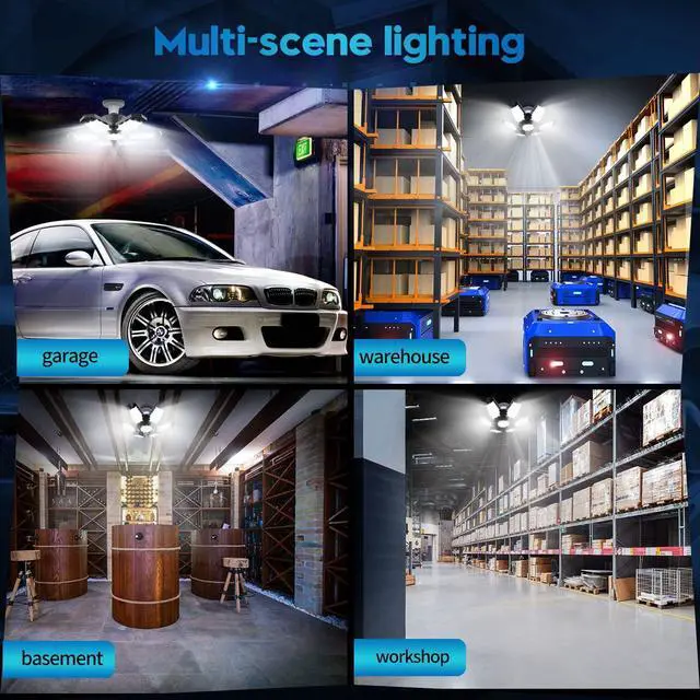 Alt view image 7 of 7 - 2 Pack LED Garage Lights 150W Deformable Best Ceiling Shop Lights 15000LM LED Light 6500K Garage Lighting with 6+1 Adjustable Panels Bulb for Basement
