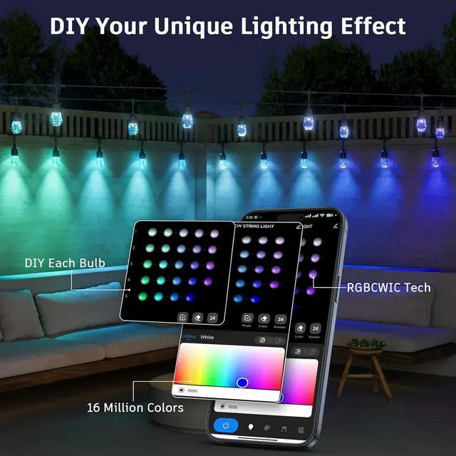 Alt view image 4 of 7 - XMCOSY+ Smart Outdoor String Lights - 64ft RGBCWIC Patio Lights with 24 Color Changing Bulbs, LED String Light for Outside Backyard Bistro Party, APP WiFi Control, Work with Alexa, IP65 Waterproof