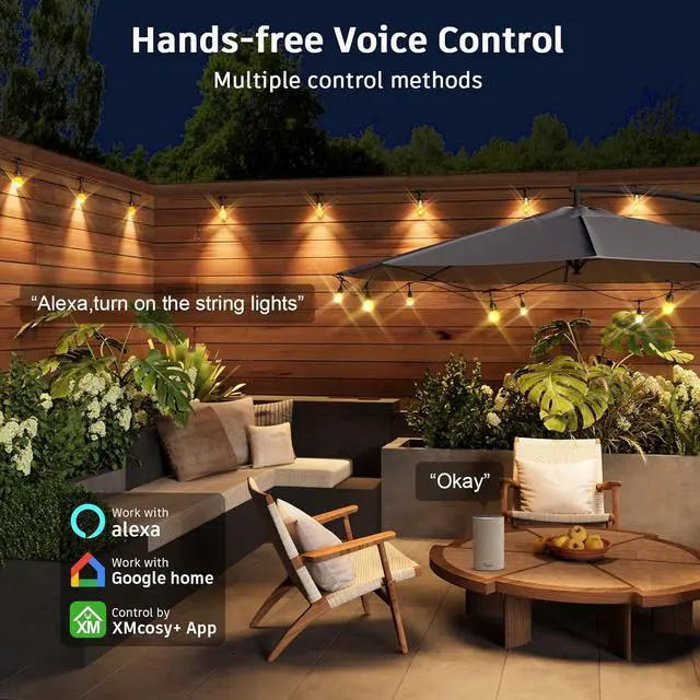 Alt view image 5 of 7 - XMCOSY+ Smart Outdoor String Lights - 64ft RGBCWIC Patio Lights with 24 Color Changing Bulbs, LED String Light for Outside Backyard Bistro Party, APP WiFi Control, Work with Alexa, IP65 Waterproof