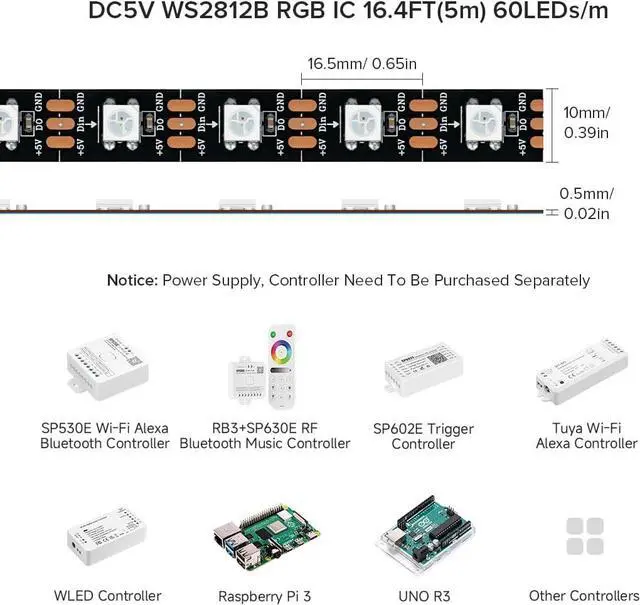 Alt view image 2 of 7 - WS2812B RGB ECO LED Strip Chasing Effects 5050SMD Individually Addressable 16.4FT 60Pixels/m 300Pixels Flexible Dream Color IP65 for Bedroom DIY Projects DC5V(No Adapter or Controller)