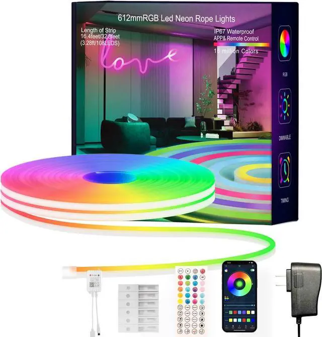 Main image of Neon Rope Lights 16.4FT RGB LED Strip Lights App Control Music Syncing IR Remote Control Outdoor IP67 Waterproof Softer Material Design for Bedroom Living Gaming Party Decoration