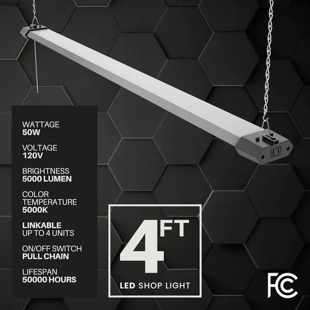 Alt view image 2 of 4 - 4FT 50W LED Shop Light Linkable with Hexagon Shade Reflector Cover Daylight White 5000K Pull Chain Plug in Workshop Fixture for Garage Basement