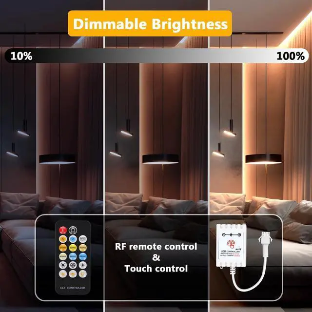 Alt view image 4 of 7 - COB LED Strip Lights Tunable White(2700K-6500K) COB LED Lights with 3040 LEDs 24V Adapter RF Remote Dimmable High Density Uniform LED Strip for Bedroom Kitchen Cabinet CRI90+ 16.4ft