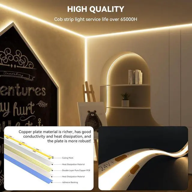 Alt view image 3 of 7 - LED Strip Warm White 20ft/6.1m Smart LED Strip Light Kit Compatible with Alexa/Google Assistant Dimmable 24V 3000K COB LED Strip Light for Bedroom Kitchen Cabinet Mirror Sunroom