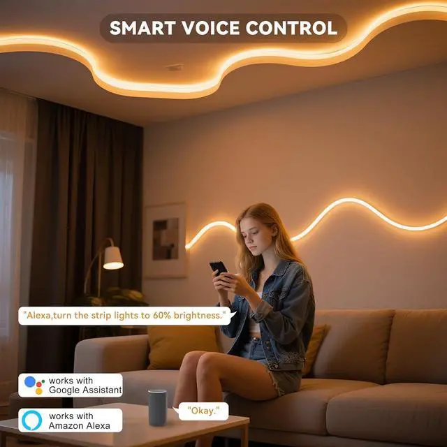 Alt view image 4 of 7 - LED Strip Warm White 20ft/6.1m Smart LED Strip Light Kit Compatible with Alexa/Google Assistant Dimmable 24V 3000K COB LED Strip Light for Bedroom Kitchen Cabinet Mirror Sunroom