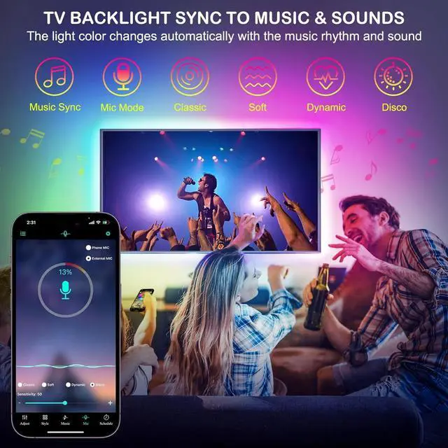 Alt view image 2 of 6 - LED Strips TV Light 13.12Ft RGB Strip Lights for 32-65 Inch TV Behind App Control Strip Light with Music Sync USB Plug-in Bias LED Lights for Bedroom Gaming Room Cabinet Home Theater DIY Decor
