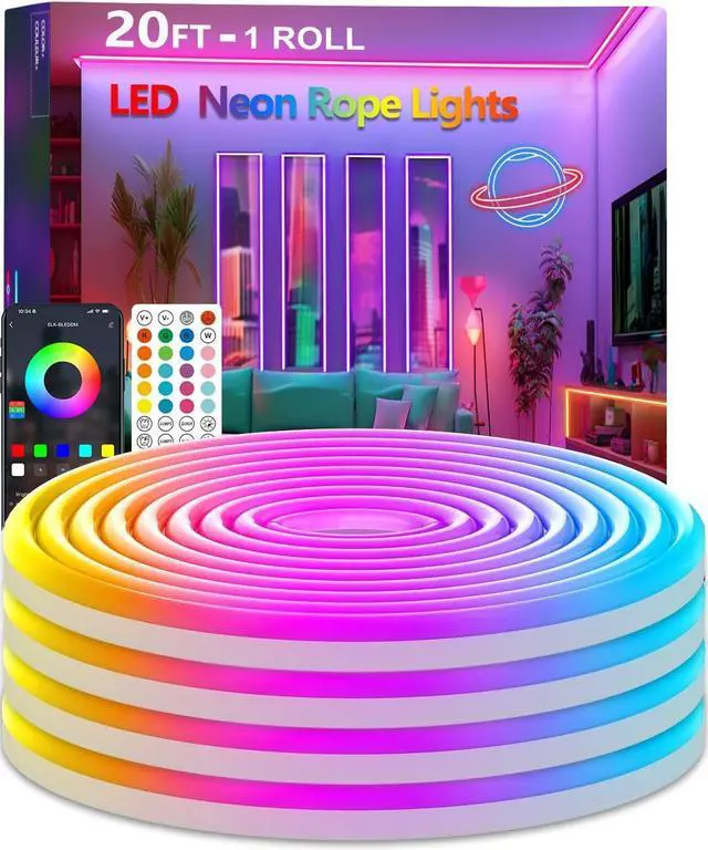 Main image of 20Ft Neon Rope Lights Flexible Led Rope Lights Control with App/Remote Multiple Modes Rope Lights IP67 Outdoor Waterproof Music Sync Light Strip for Bedroom