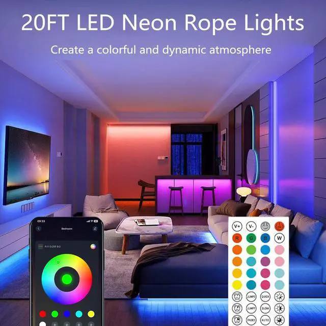 Alt view image 2 of 7 - 20Ft Neon Rope Lights Flexible Led Rope Lights Control with App/Remote Multiple Modes Rope Lights IP67 Outdoor Waterproof Music Sync Light Strip for Bedroom