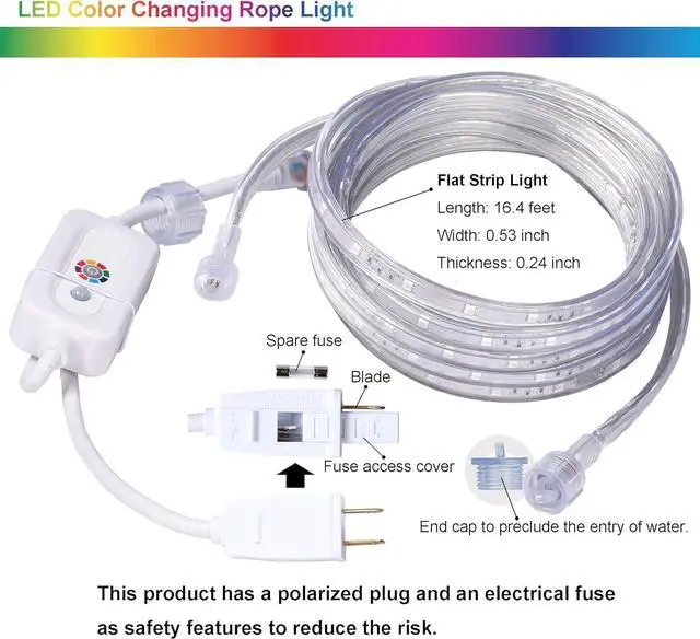 Alt view image 5 of 6 - 16.4 Feet Flat Flexible LED Rope Lights Color Changing RGB Strip Light with Remote Control 8 Colors Multiple Modes Plug in Novelty Lighting Connectable and Waterproof for Home Kitchen Outdoor Use
