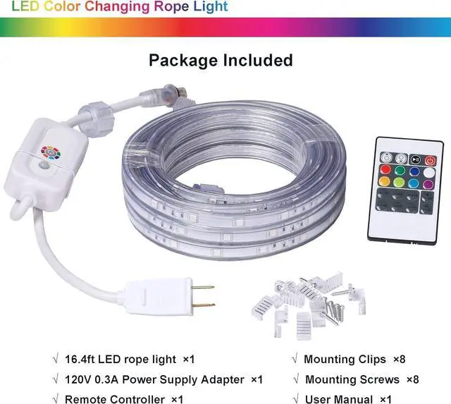 Alt view image 6 of 6 - 16.4 Feet Flat Flexible LED Rope Lights Color Changing RGB Strip Light with Remote Control 8 Colors Multiple Modes Plug in Novelty Lighting Connectable and Waterproof for Home Kitchen Outdoor Use