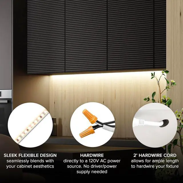 Alt view image 4 of 7 - 36 in. Hardwired LED Under Cabinet Strip Light 1380 Lumens 3000K Warm White Kitchen and Living Room 120V White Cove Lighting No Power Supply Needed