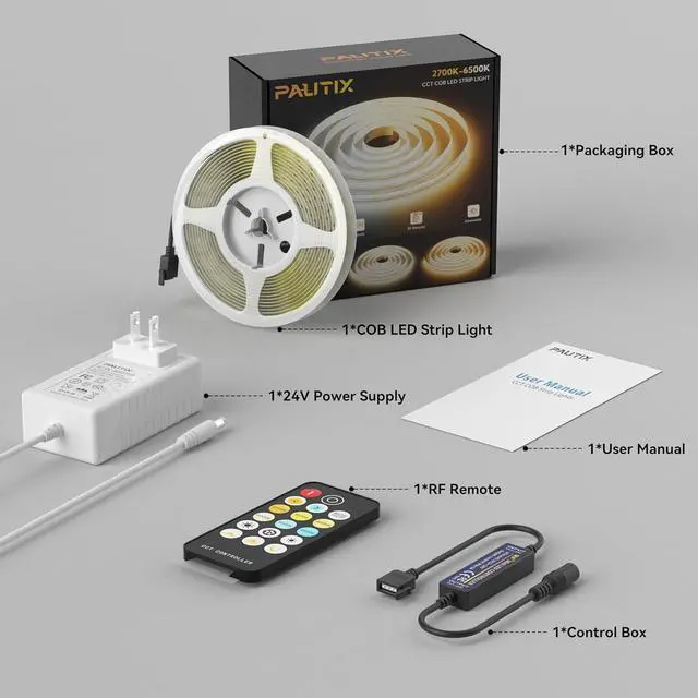 Alt view image 7 of 7 - COB LED Strip Light 2700K-6500K CCT Tunable White UL-Listed CRI90+ 16.4ft Super Bright Dimmable 24V LED Tape Lights with RF Remote for Under Cabinets Bedroom Kitchen TV Mirror DIY Lighting