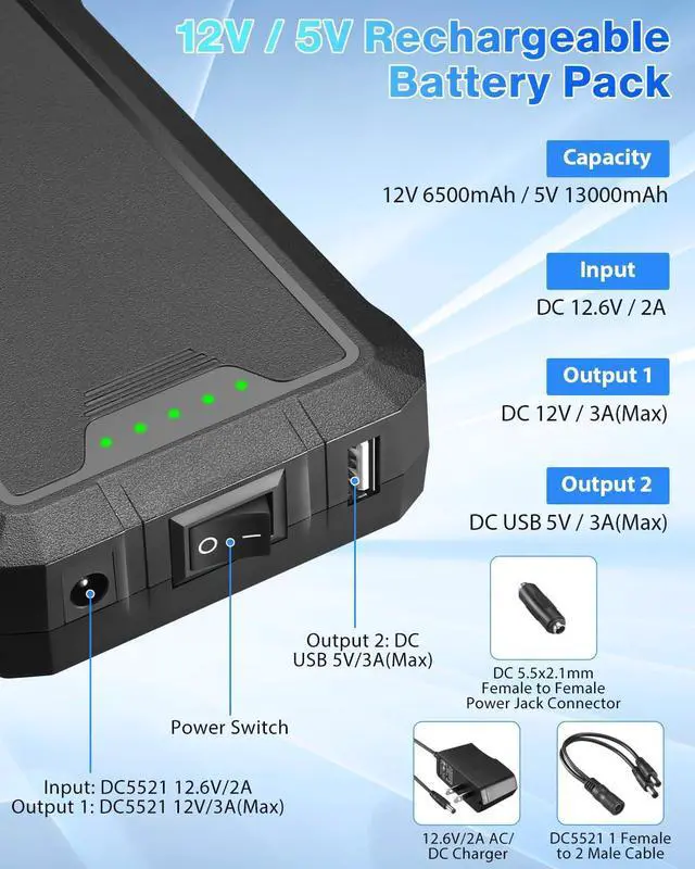 Alt view image 2 of 6 - Rapthor Rechargeable 12V 6500mAh / 5V 13000mAh Power Bank DC Output Lithium ion Battery Pack with Fast Charger for Heated Jacket Strip Lights CCTV Camera Telescope Phones Compatible with Spectra Pump