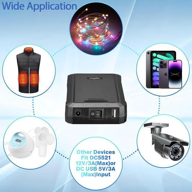 Alt view image 4 of 6 - Rapthor Rechargeable 12V 6500mAh / 5V 13000mAh Power Bank DC Output Lithium ion Battery Pack with Fast Charger for Heated Jacket Strip Lights CCTV Camera Telescope Phones Compatible with Spectra Pump