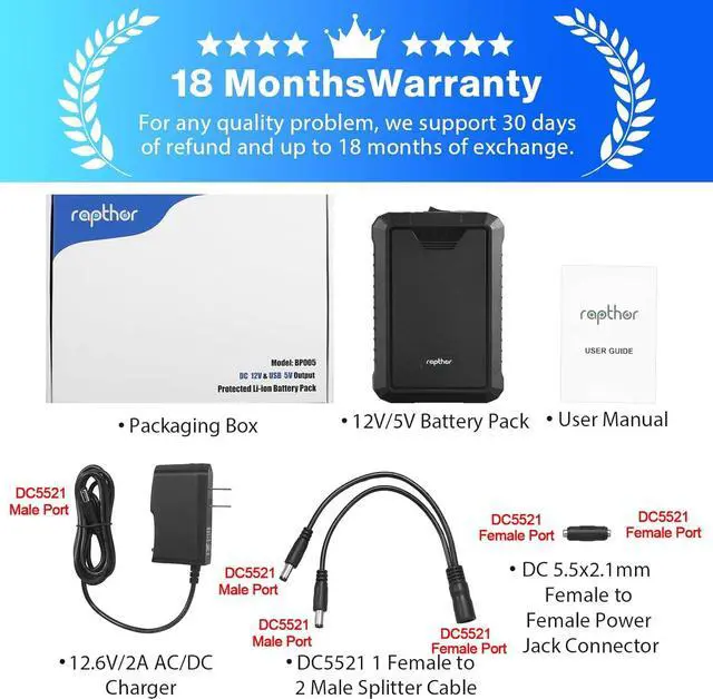 Alt view image 6 of 6 - Rapthor Rechargeable 12V 6500mAh / 5V 13000mAh Power Bank DC Output Lithium ion Battery Pack with Fast Charger for Heated Jacket Strip Lights CCTV Camera Telescope Phones Compatible with Spectra Pump