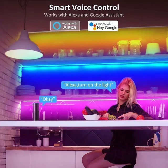 Alt view image 3 of 7 - 10 PCS Smart RGB Under Cabinet Lights Kit Compatible with Alexa and Google Assistant App and Remote Control Music Sync Color Changing Timer Dimmable for Cabinet Counter Shelf Bookcase