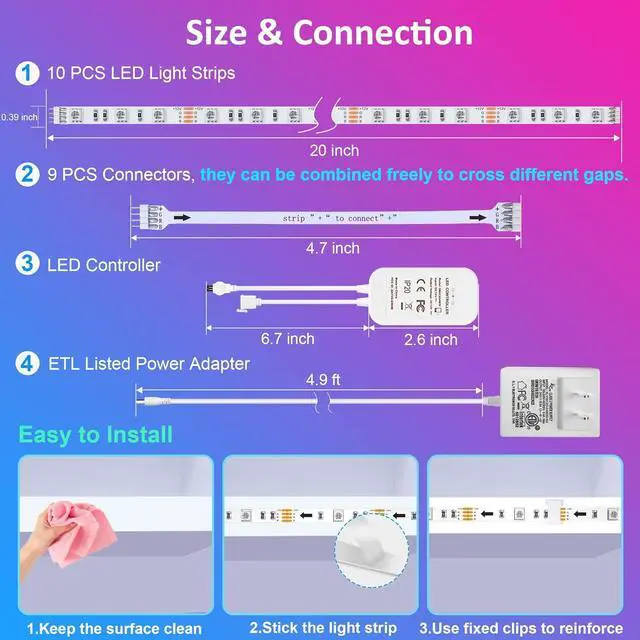 Alt view image 6 of 7 - 10 PCS Smart RGB Under Cabinet Lights Kit Compatible with Alexa and Google Assistant App and Remote Control Music Sync Color Changing Timer Dimmable for Cabinet Counter Shelf Bookcase