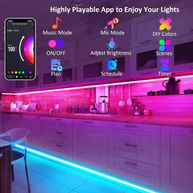 Alt view image 5 of 7 - 10 PCS Smart RGB Under Cabinet Lights Kit Compatible with Alexa and Google Assistant App and Remote Control Music Sync Color Changing Timer Dimmable for Cabinet Counter Shelf Bookcase