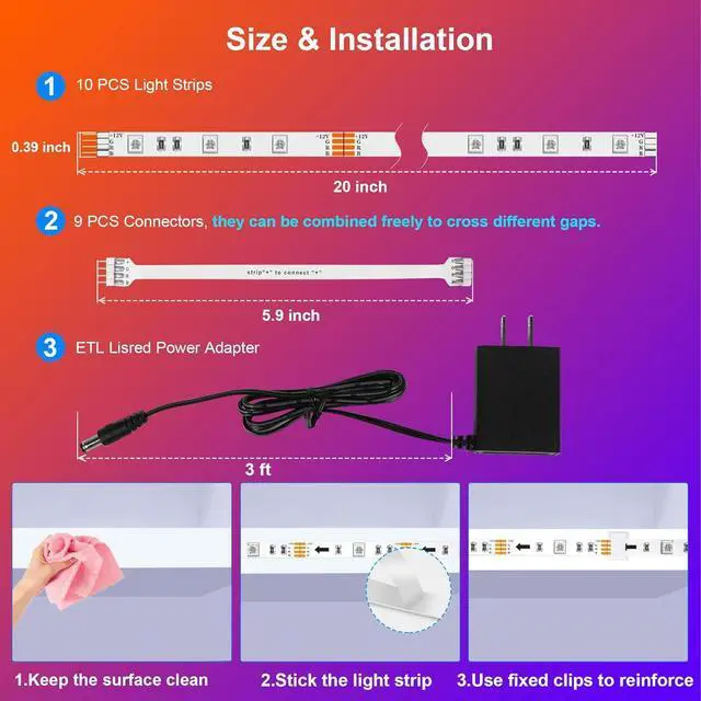Alt view image 6 of 7 - 10 PCS RGB Under Cabinet Lighting Kit App and Remote Control Led Strip Lights Music Sync Color Changing Led Lights with ETL Listed Power Adapter for Cabinet Counter Shelf Bookcase 16.4ft