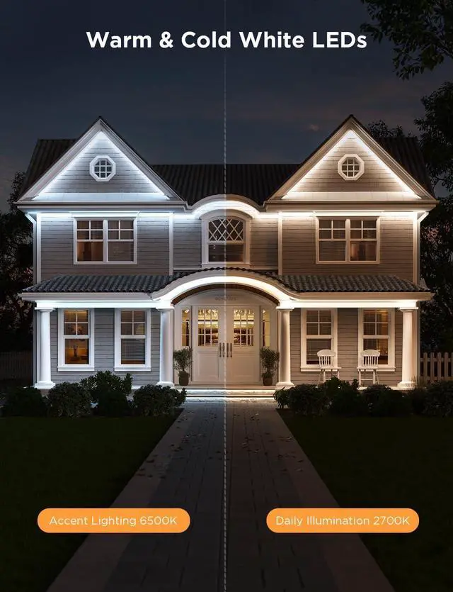 Alt view image 6 of 7 - Outdoor LED Strip Lights RGBIC with Warm and Cold White 32.8ft 2.4G WiFi Smart Outdoor Lights IP65 Waterproof Work with Alexa and Google Assistant App Control for Porch Patio Eave Party