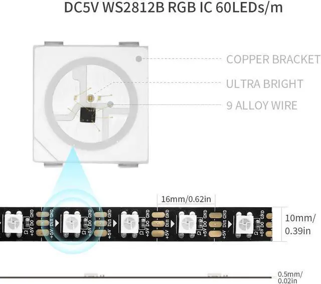 Alt view image 2 of 7 - WS2812B IC RGB 5050SMD ECO Individual Addressable LED Strip Light 16.4FT 300LED 60LED/m Flexible Full Color IP30 DC5V Black PCB for DIY Project (No Power Adapter or Controller)