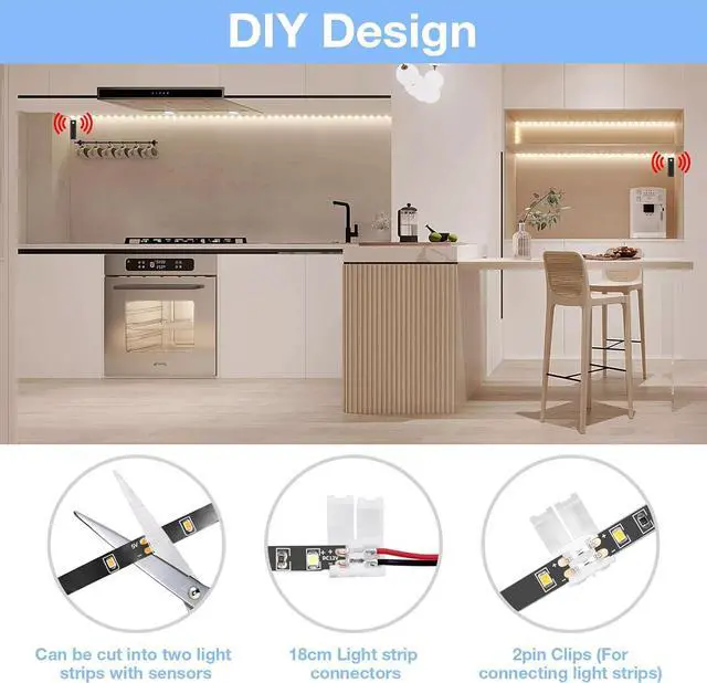 Alt view image 3 of 7 - Dual Motion Sensor Light Strip Rechargeable 16.4ft LED Lighting 150 LEDs Tape Lights for Stairs Under Cabinet Closet Shelves Gun Safe Light Hallway Cuttable Flexible 6000K White Black