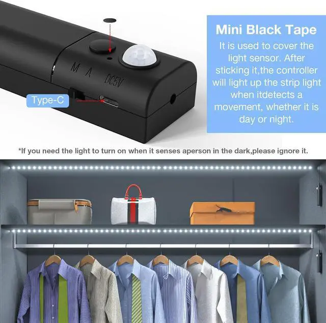 Alt view image 6 of 7 - Dual Motion Sensor Light Strip Rechargeable 16.4ft LED Lighting 150 LEDs Tape Lights for Stairs Under Cabinet Closet Shelves Gun Safe Light Hallway Cuttable Flexible 6000K White Black