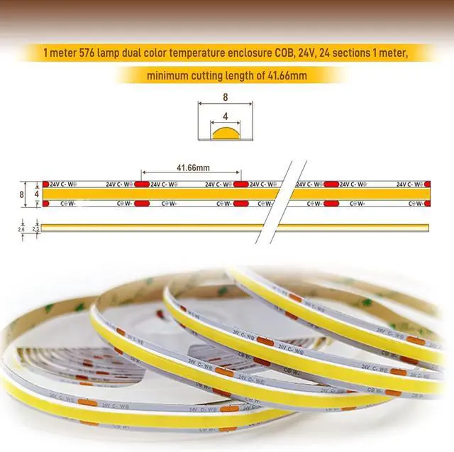 Alt view image 2 of 7 - COB LED Strip Light CCT Dimmable Strips Light 2700K-6500K 32.8ft/10m 8mm Wide CRI90+ 24V LED Strips Kit with Bluetooth APP Control/Music Mode for Bedroom Kitchen DIY Lighting