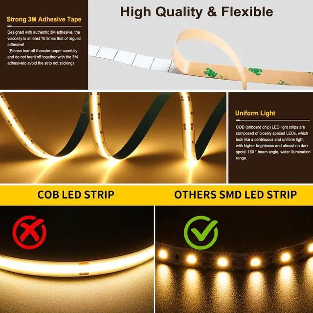 Alt view image 5 of 7 - COB LED Strip Light CCT Dimmable Strips Light 2700K-6500K 32.8ft/10m 8mm Wide CRI90+ 24V LED Strips Kit with Bluetooth APP Control/Music Mode for Bedroom Kitchen DIY Lighting