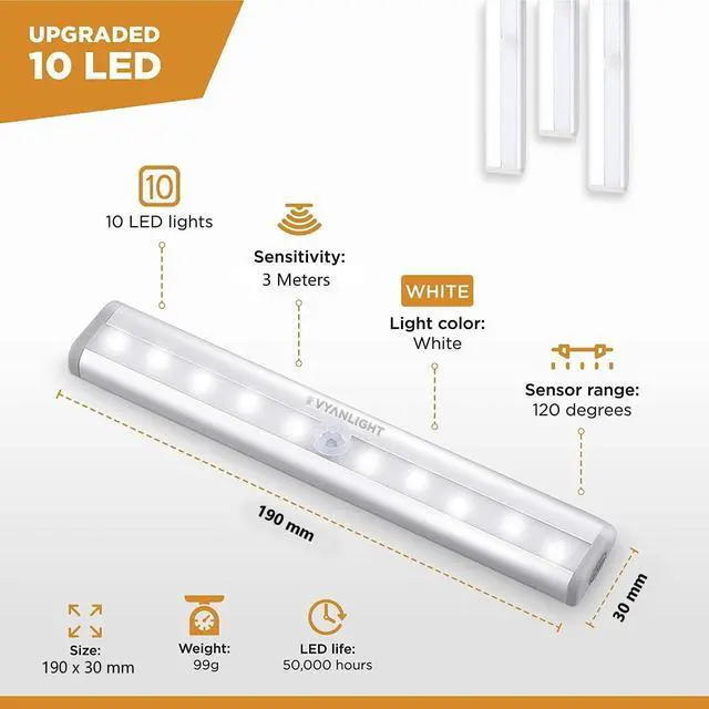 Alt view image 2 of 6 - Motion Sensor LED Under Cabinet Lights 10 LED Light Strips for Closet Kitchen Bathroom Pantry - Battery Operated Wireless Peel and Stick 6 Pack