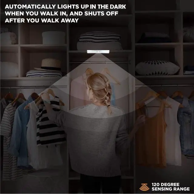 Alt view image 6 of 6 - Motion Sensor LED Under Cabinet Lights 10 LED Light Strips for Closet Kitchen Bathroom Pantry - Battery Operated Wireless Peel and Stick 6 Pack